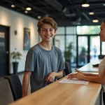 Jeune garçon s'inscrivant au gym dans un décor moderne