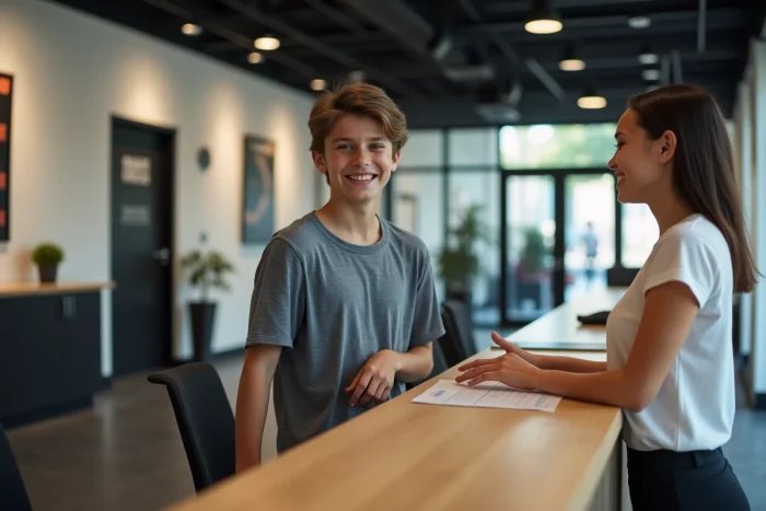 Jeune garçon s'inscrivant au gym dans un décor moderne