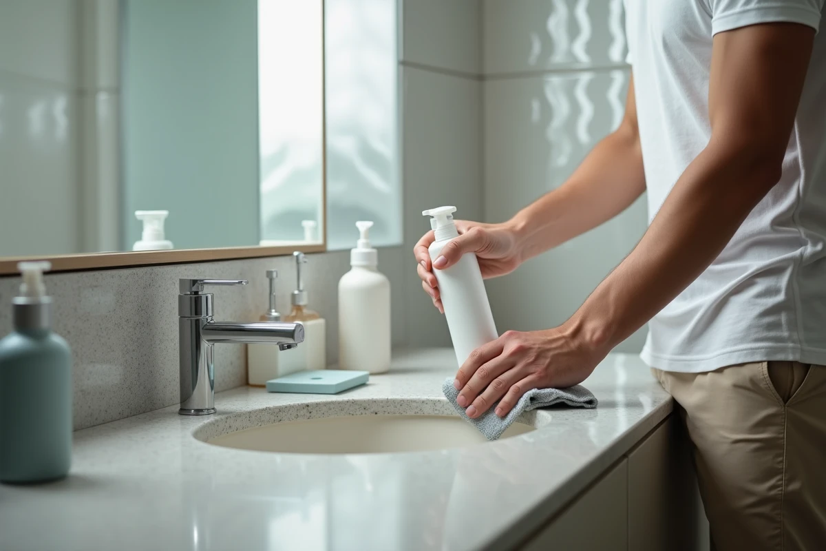 Jeune homme désinfectant un lavabo de salle de bain