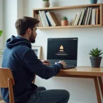 Jeune homme en hoodie regarde un écran d'ordinateur avec erreur de login
