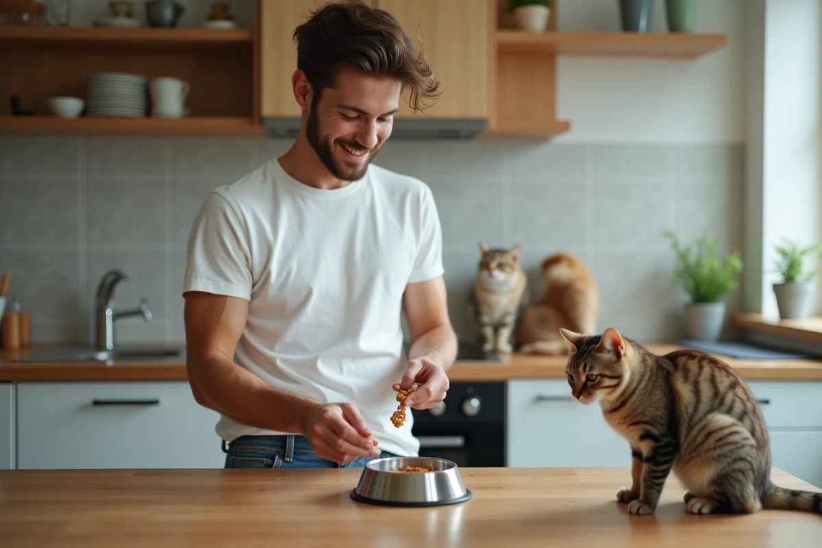 Jeune homme préparant de la nourriture pour chats dans la cuisine