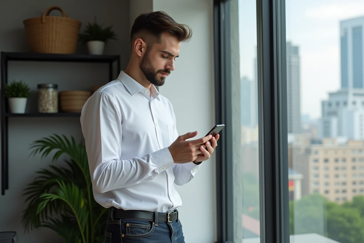 Jeune homme vérifiant ses emails avec son smartphone près d