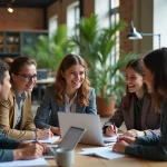 Groupe de jeunes entrepreneurs en brainstorming dans un espace moderne