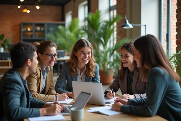 Groupe de jeunes entrepreneurs en brainstorming dans un espace moderne