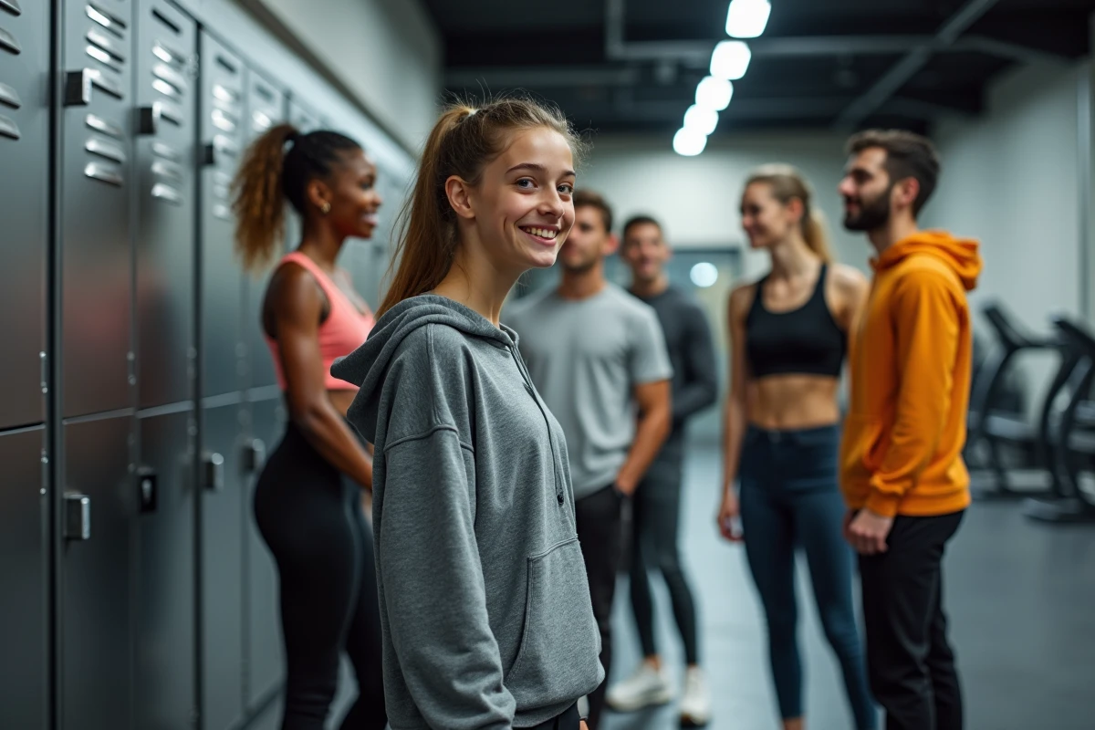 Groupe de jeunes femmes discutant près des casiers de gym