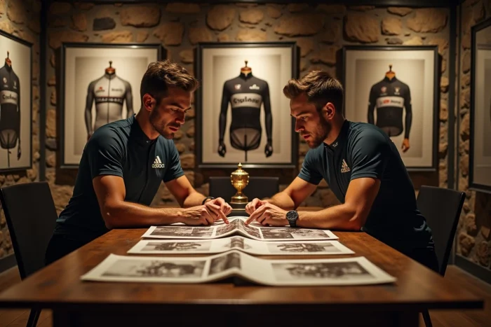 Deux champions cyclistes contemplant l'histoire des grands tours dans un musée du cyclisme