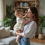 Femme et fille dans un salon chaleureux et moderne