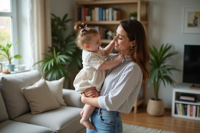 Femme et fille dans un salon chaleureux et moderne