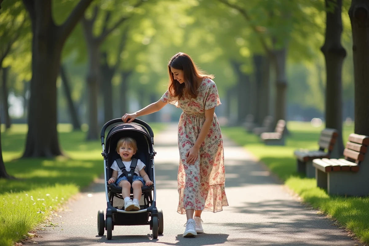 Maman en promenade dans un parc avec bébé en poussette
