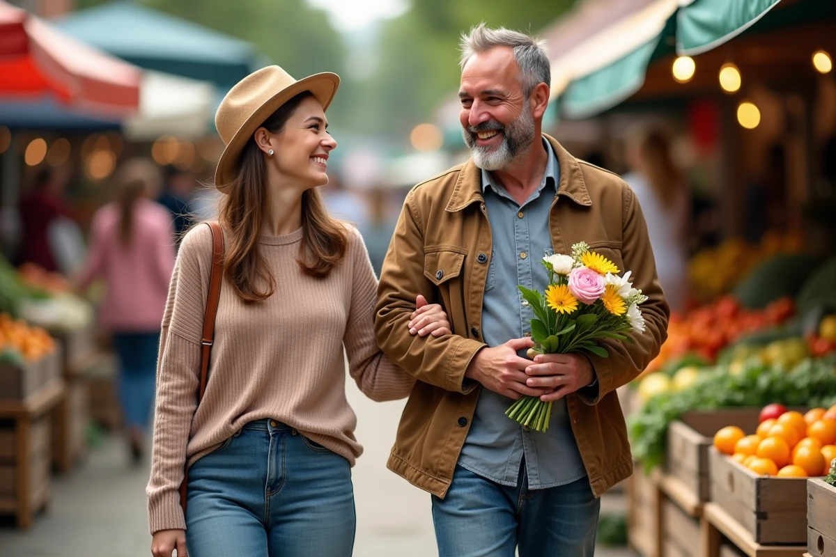 Couple marchant au marché avec bouquet de fleurs