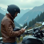 Motard consultant l'application de navigation Calimoto sur smartphone monté sur guidon, au bord d'une route de montagne