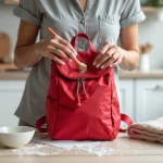 Femme nettoyant un cartable Kipling rouge avec une brosse douce et de l'eau savonneuse sur une table de cuisine