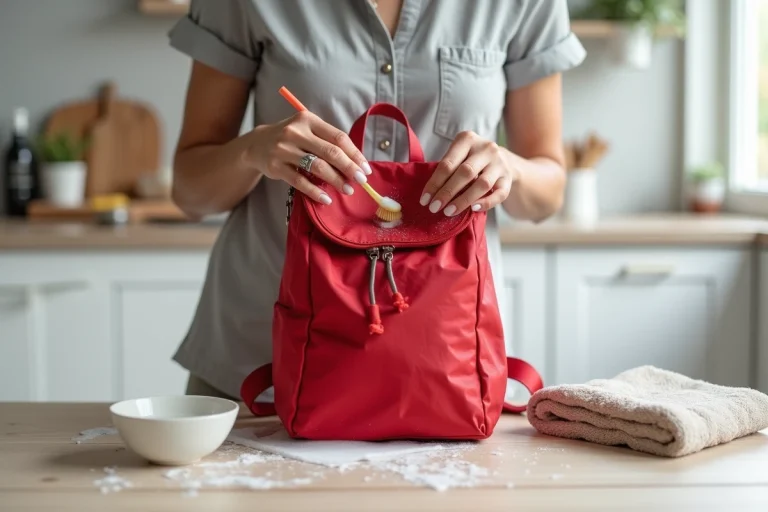 Femme nettoyant un cartable Kipling rouge avec une brosse douce et de l'eau savonneuse sur une table de cuisine