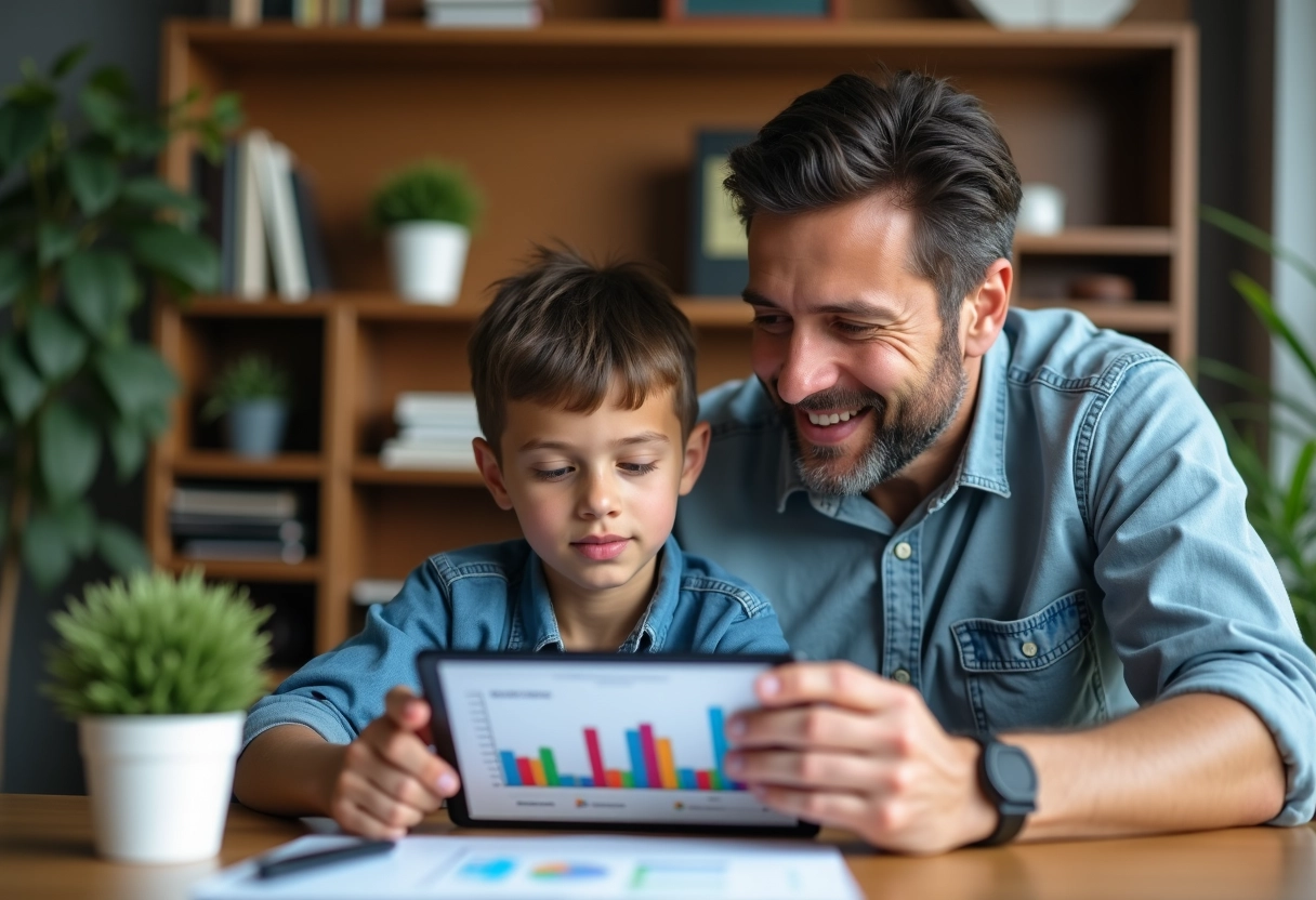 Père et fils discutant d un graphique de budget sur une tablette