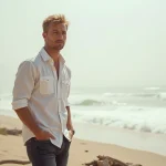 Homme blond athlétique en chemise blanche sur une plage de la côte Pacifique, évoquant l'univers de Paul Walker
