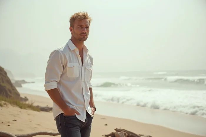 Homme blond athlétique en chemise blanche sur une plage de la côte Pacifique, évoquant l'univers de Paul Walker