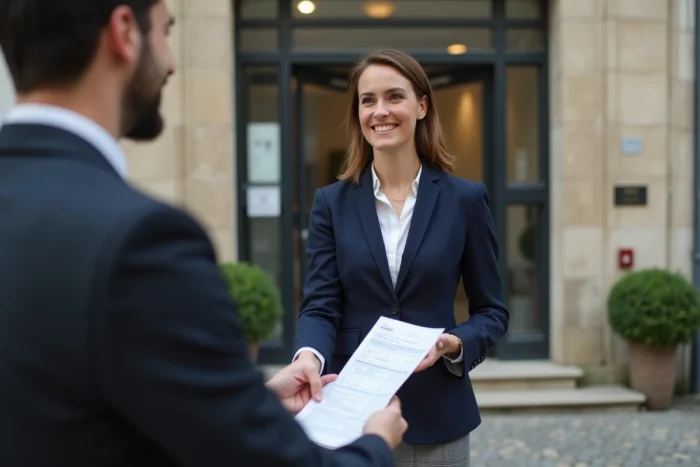 Remise d'un permis de goudronner une cour par un agent municipal devant une mairie française