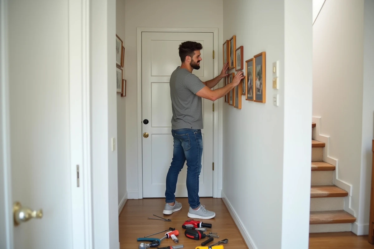 Jeune homme accrochant photos de famille dans un couloir moderne