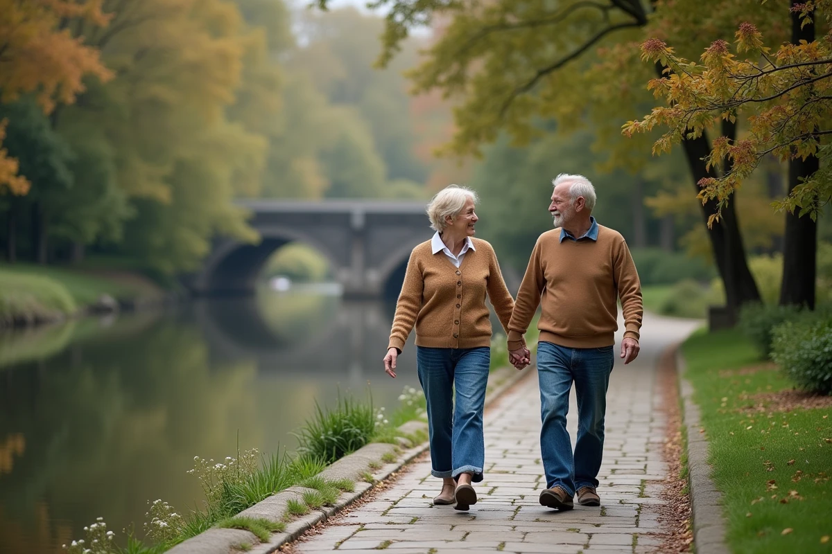 Couple mature marchant main dans la main au bord de la rivière