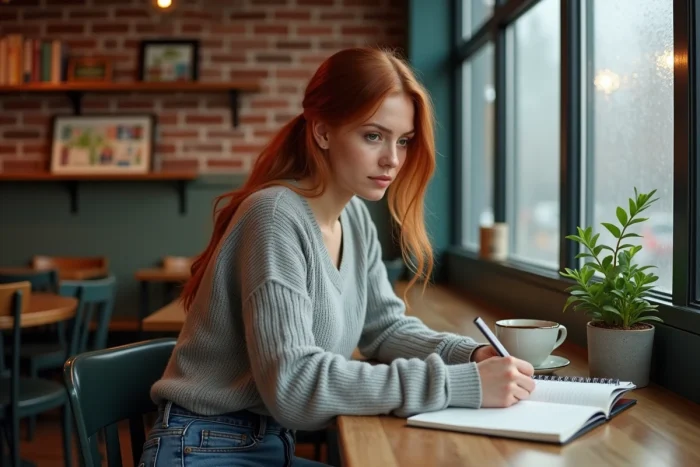 Femme aux cheveux auburn dans un café chaleureux, prenant des notes, portrait intimiste évoquant Rebecca Soteros