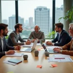 Groupe de professionnels collaborant autour d'une table de réunion dans un espace de coworking moderne avec vue urbaine
