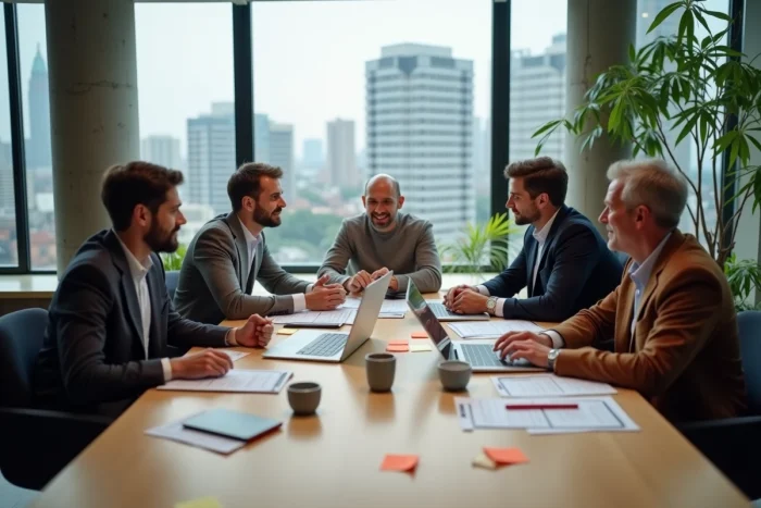 Groupe de professionnels collaborant autour d'une table de réunion dans un espace de coworking moderne avec vue urbaine