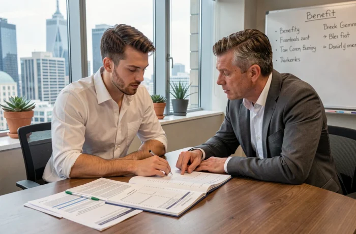 Comptable et chef d'entreprise étudiant ensemble des documents comptables sur les avantages en nature lors d'une réunion professionnelle