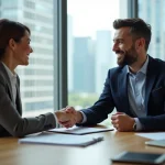 Femme et agent immobilier se serrant la main dans un bureau
