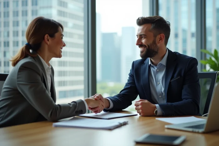Femme et agent immobilier se serrant la main dans un bureau