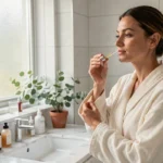 Femme appliquant un sérum visage dans une salle de bain marbre blanc minimaliste avec des produits de beauté soigneusement disposés