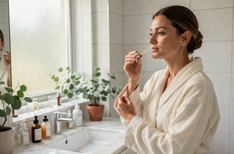 Femme appliquant un sérum visage dans une salle de bain marbre blanc minimaliste avec des produits de beauté soigneusement disposés