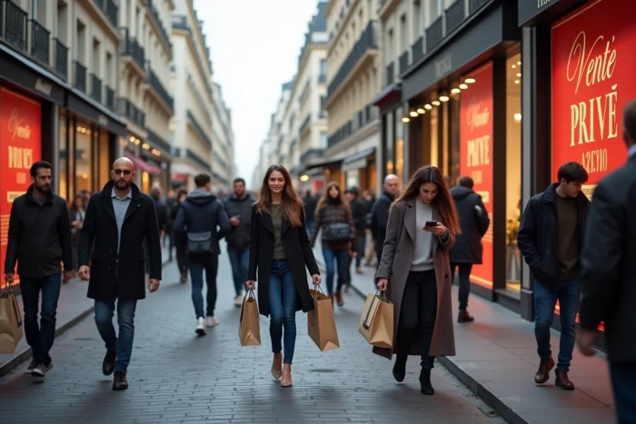 Rue commerçante française animée lors d'une vente privée avec des clients portant des sacs shopping et des vitrines décorées