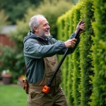 Homme d'âge moyen taillant une haie haute dans le jardin