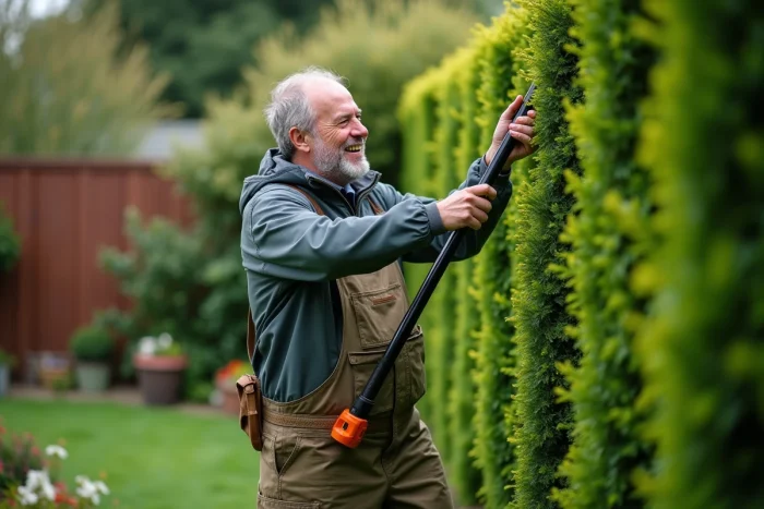 Homme d'âge moyen taillant une haie haute dans le jardin