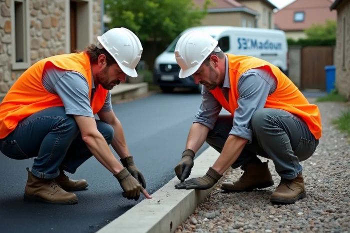 Ouvriers inspectant les travaux de goudronnage d'une cour résidentielle après l'obtention du permis
