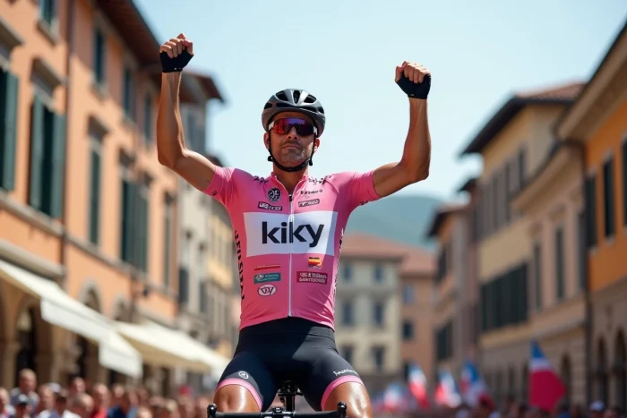 Vainqueur du Tour d'Italie célébrant sur le podium en maillot rose